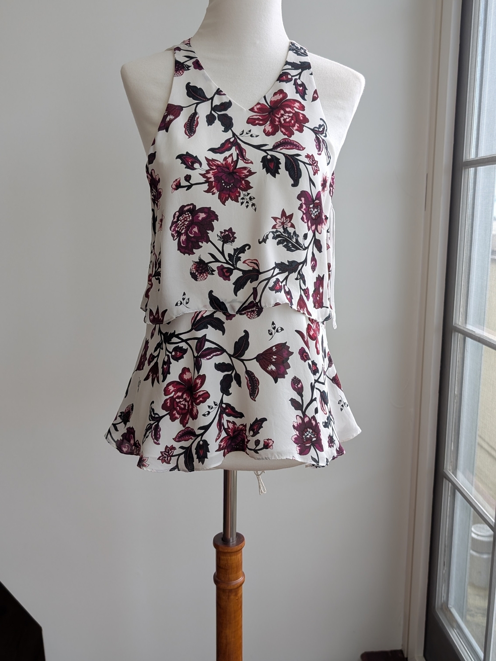 Floral V-Neck Peplum Tank Top - White with Burgundy Flowers *Never Worn*